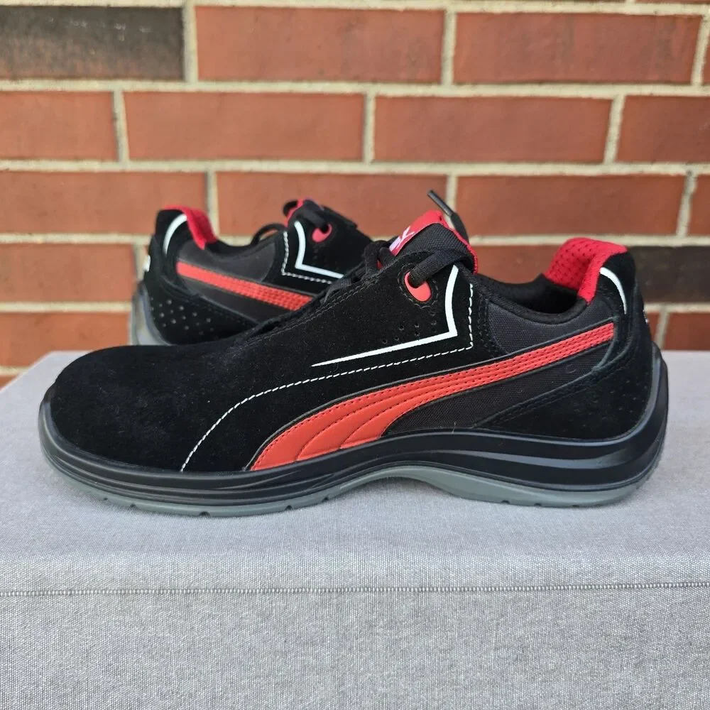 PUMA Safety Touring Black Suede W/ Red, Low Top, ASTM EH Size 9.5 Slip Resistant